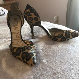 Sam Edelman calf hair leopard pointed toe heels